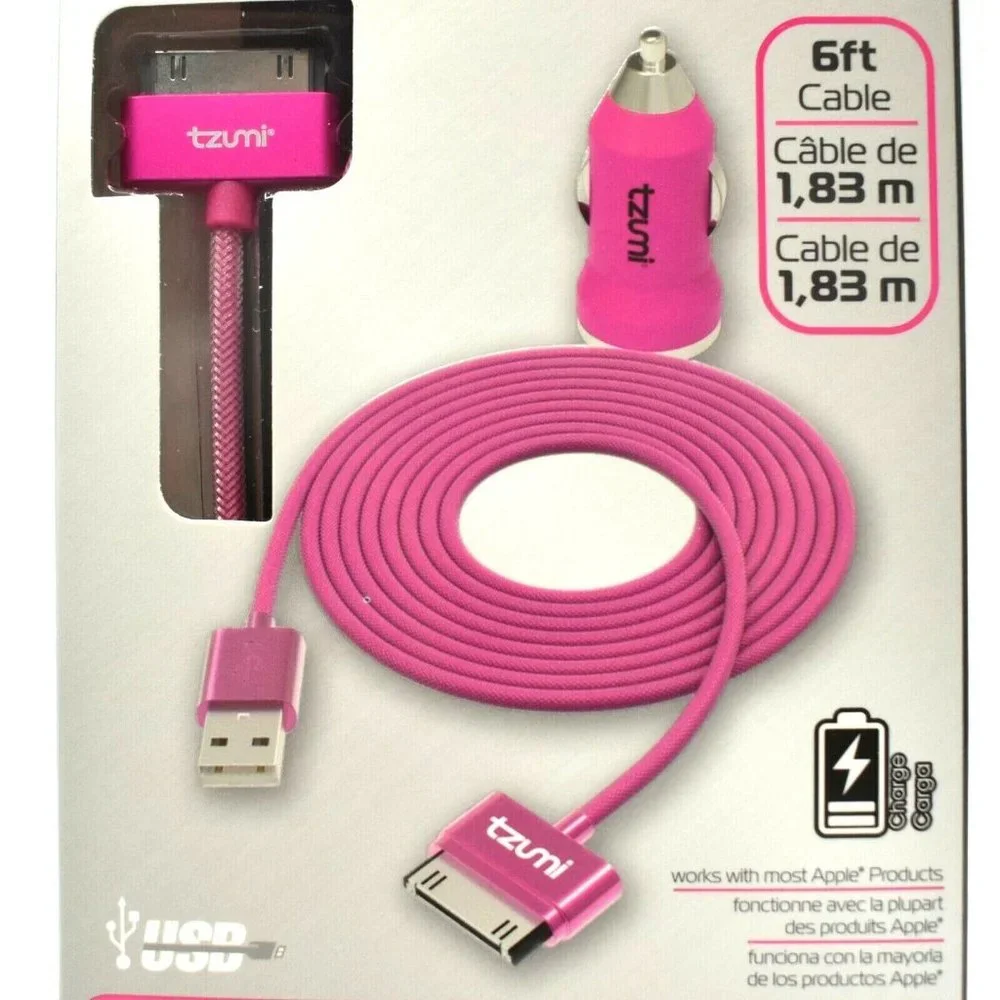 Tzumi DC Car Charge Pak Charger 6ft Mesh 30-Pin USB Connector Pink NEW For Apple
